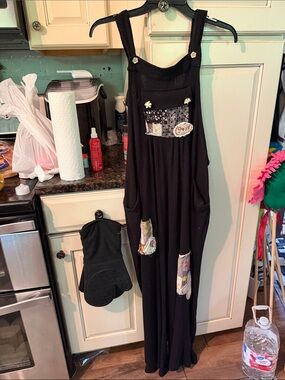 POL Black Overalls with Floral Patchwork